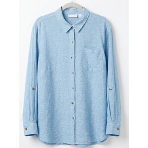 Susan graver womens large linen shirt blue tab sleeve shirt with side pockets